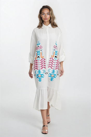 VAGGON Women's White Shirt Collar Button Embroidered Skirt Ruffle Plus Size Dress Vs00331