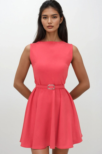 VAGGON Women's Pomegranate Flower Boat Necklace Self Belt Sleeveless Flare Mini Dress Prmx14187