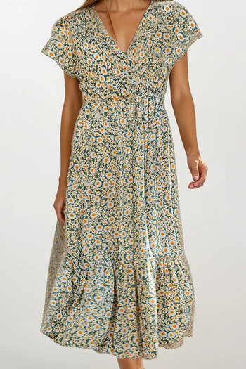 VAGGON Women's Mint Floral Patterned Double Breasted Maxi Dress Urt4373