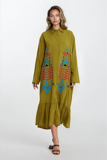 VAGGON Women's Khaki Shirt Collar Button Embroidery Embroidered Skirt Ruffled Plus Size Dress Vs00331