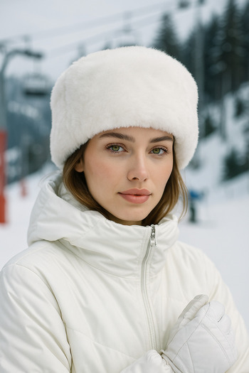 Luminos Butik White Plush Kalpak Hat |   Women's Winter Hat with Faux Fur Spk1146