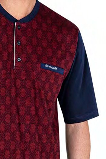 Pierre Cardin 6055 Men's Short Sleeve Jacquard 3-Piece Pajama Set-Burgundy