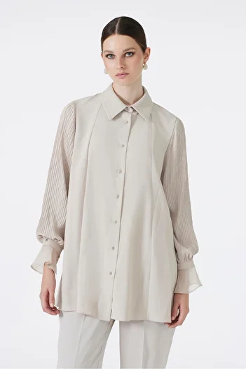 Zühre Buttoned Beige Tunic with Sleeve Detail T-1588