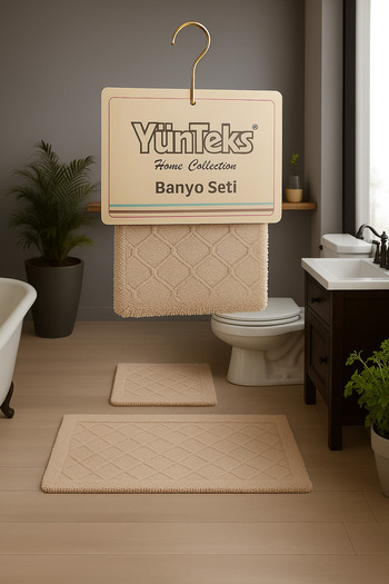 YÜNTEKS Cotton Pasta Tufting 2-Piece Toilet Seat Set, Bathroom Set, Floor Mat Set, Seashell, Mink (Ecru)