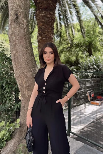 NEW LAVİVA Black Short Sleeve, Linen/Airobin Fabric, Comfortable Fit, Pocket, Half Placket, Belt/Sash Jumpsuit