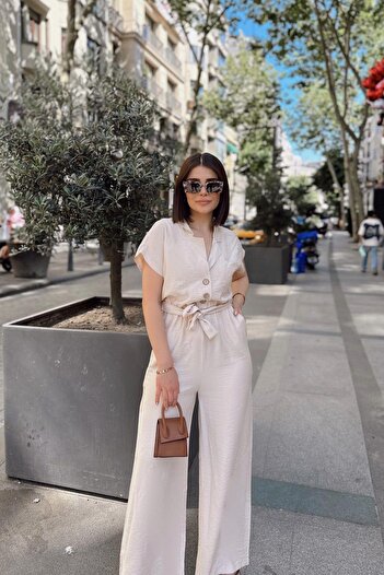 NEW LAVİVA Stone Short Sleeve, Linen/Airobin Fabric, Comfortable Cut, Pocket, Half Placket, Belt/Sash Jumpsuit