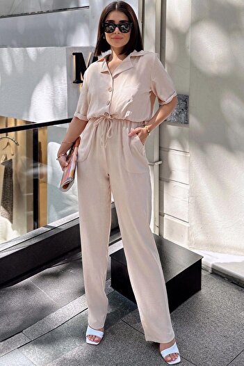 NEW LAVİVA Beige Apache Collar, Short Sleeve, Linen/Airobin Fabric, Relaxed Fit, Half Placket, Drawstring Waist Jumpsuit