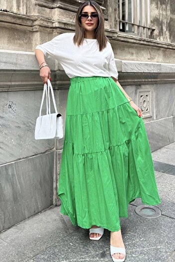NEW LAVİVA Women's Green Asymmetric Cut, Elastic Waist, Ruffle Layered Fabric, Long Cotton Skirt