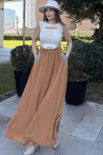 NEW LAVİVA Women's Tan Elastic Waist, Straw Embroidered Pockets, Comfortable Fit, Long Kiloş Skirt
