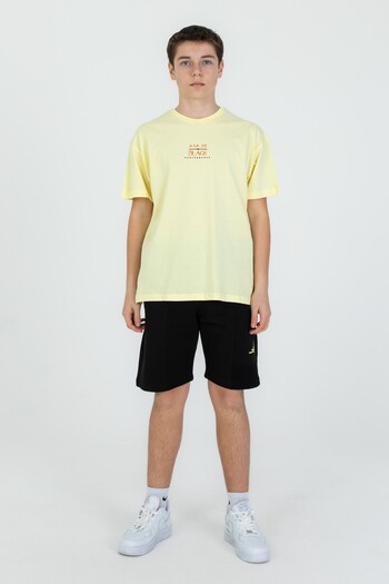 Black One Print Detailed Double Pocket Shorts Summer Crew Neck Boy's Bottom Top Set