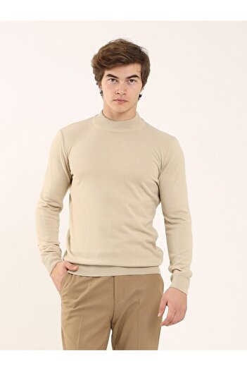 Dufy Beige Men's Slim Fit Plain Classic Half Turtleneck Knitwear