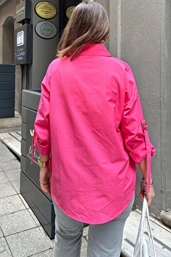 NEW LAVİVA Epoleți fucsia pentru femei, mâneci cu cataramă, buzunar lat, fustă ovală, cămașă lejeră