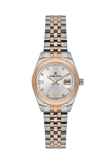 Daniel Klein Women's Silver Rose Roman Numeral, Stone Dial, Calendar Women's Wrist Watch