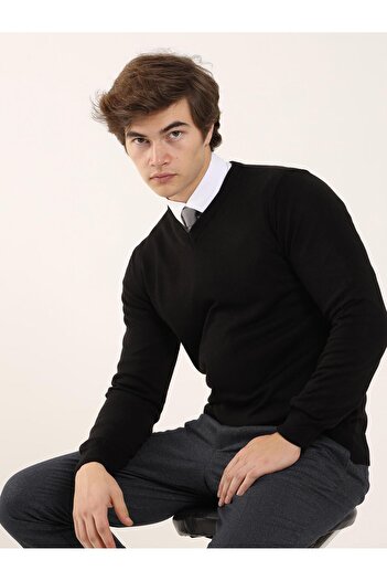 Dufy Black Men's Slim Fit Plain Classic V-Neck Knitwear