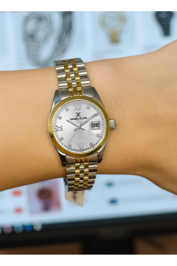 Daniel Klein Women's Silver Yellow Roman Numeral, Stone Dial, Calendar Women's Wrist Watch