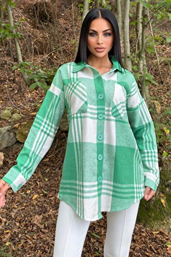 NEW LAVİVA Cămașă verde cu buzunar dublu, model în carouri, potrivire confortabilă, ștampilă lejeră