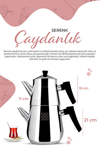 Serenk Definition Çaydanlık, 18/10 Paslanmaz Çelik, 1 L Demlik Ve 2 L Alt Hazne, Indüksiyon Uyumlu