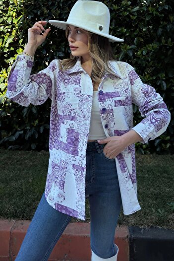 NEW LAVİVA Țesătură gabardină cu model violet pentru femei, croială ovală pe fustă, buzunar, cămașă supradimensionată