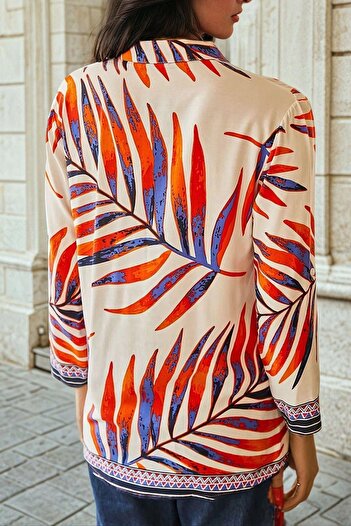 NEW LAVİVA Cămașă ecru, cu model de frunze colorate, cu croiala obișnuită