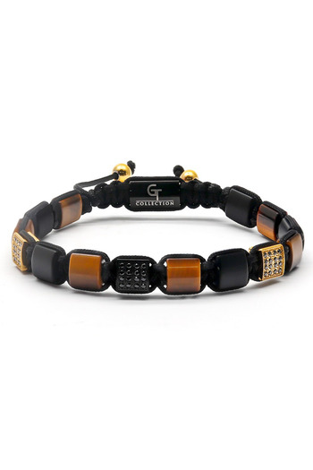 GT Collection Βραχιόλι GT Collection με επίπεδες χάντρες για άνδρες με μάτι τίγρης, μαύρο όνυχα, ενεργειακές πέτρες, ένα μέγεθος και ρυθμιζόμενο κορδόνι