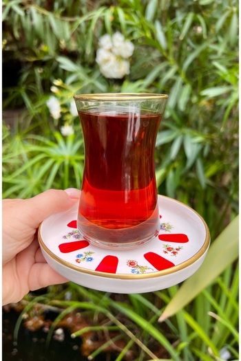 MAMALİZA Red Flower Patterned 12 Piece Ceramic Tea Set – 130 ml