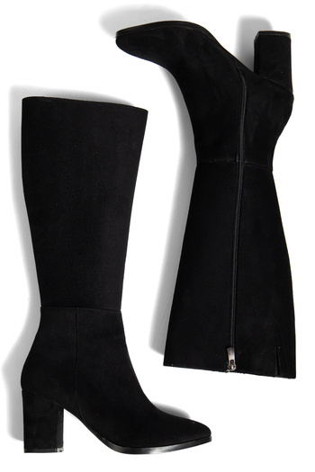 moun shoes Γυναικείες μαύρες σουέτ μπότες με φερμουάρ κάτω από το γόνατο με τακούνι (Διατίθεται μέρος ελαστικότητας γάμπας έως 2 cm)