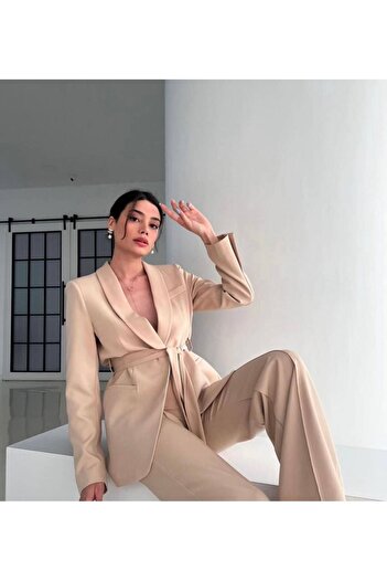 Moda İkra kadın kuşaklı blazer ceket bol paça pantolon takım