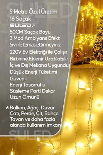 SULED Sarkıt Led Işık 5 Metre Premium Efekt Modlu Power Led 16 Saçak İç & Dış Süsleme 220v Fişli