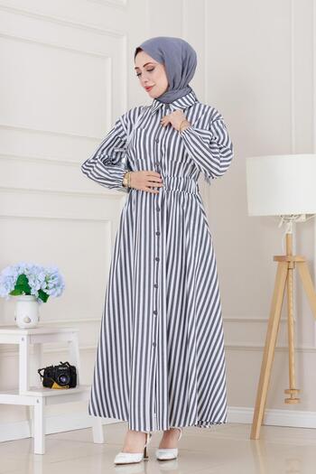Sevitli Ριγέ Τσέπη Hijab Φόρεμα-Μαύρο