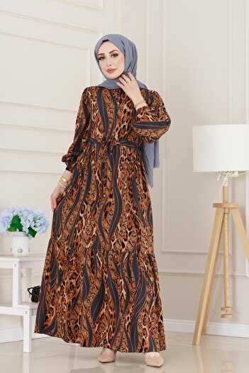 Sevitli Leopard Patterned Viscon Dress with Tunnel Waist - Gray