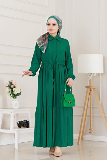 Sevitli Πουκάμισο γιακά μέσης με τούνελ Sare Dress-Smoky Green