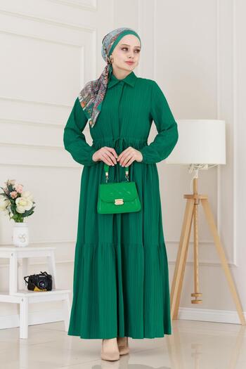 Sevitli Πουκάμισο γιακά μέσης με τούνελ Sare Dress-Smoky Green