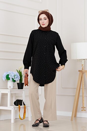 Sevitli Bust Stone Detailed Oversize Tunic-Black