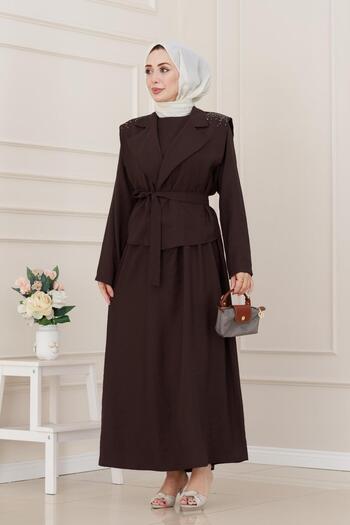 Sevitli Vest Stone Detailed Dress-Brown