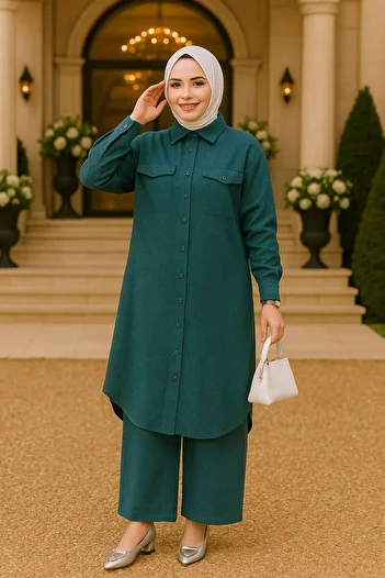 Neva Style Κουμπωτό Petrol Blue Hijab Διπλό Σετ 44661PM