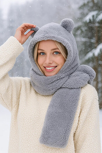 BAHELS Gray Plush Beanie Scarf - Welsoft Fleece Camisole, Windproof Ear Hat