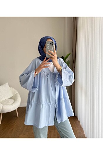 RFK Butik Women's Drawstring Front Tie Poplin Kimono Blue