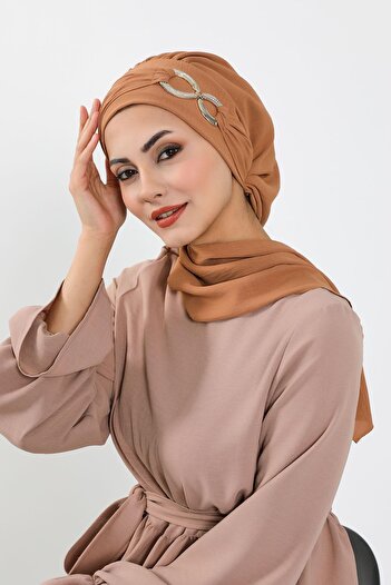 Aisha's Design Έτοιμο τουρμπάνι από ύφασμα Aerobin με αξεσουάρ, HT-94, Camel
