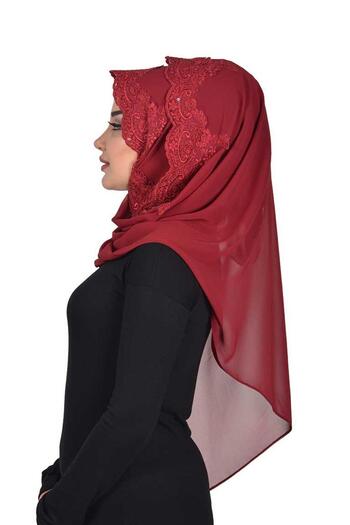 Ayşe Tasarım Special Design Front Lace Embroidered Practical Chiffon Shawl,Ps-25,Burgundy