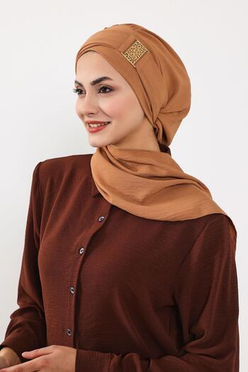 Aisha's Design Aerobin Fabric Ready-Made Turban with Gold Accessories, Ht-11A, Camel