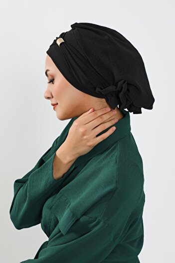 Aisha's Design Έτοιμο τουρμπάνι από ύφασμα Aerobin με αξεσουάρ, HT-95, Μαύρο