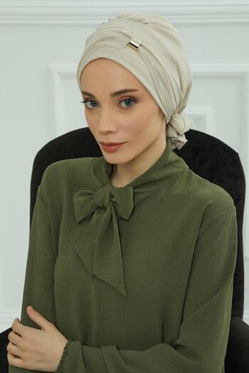 Aisha's Design Έτοιμο τουρμπάνι από ύφασμα Aerobin με αξεσουάρ, HT-95, Μπεζ