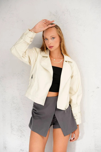 İLKCET MODA Balloon Sleeve Ecru Oversize Women's Leather Jacket