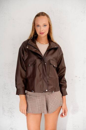 İLKCET MODA Oversize Pocket Bitter Brown Faux Leather Women's Zipper Jacket