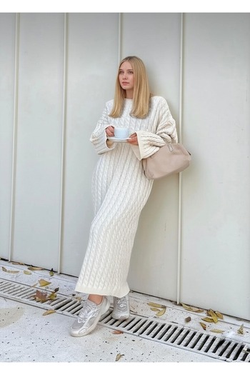 FLEX FASHION Δημοφιλές πλεκτό φόρεμα με μακριά μαλλιά με λαιμόκοψη