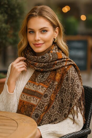 Axesoire 15081 Ethnic Patterned Tasseled Camel Shawl
