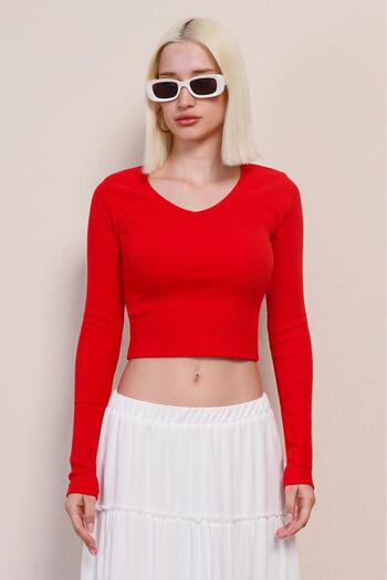 Madmext Kırmızı V Yaka Uzun Kollu Kaşkorse Body MG2192