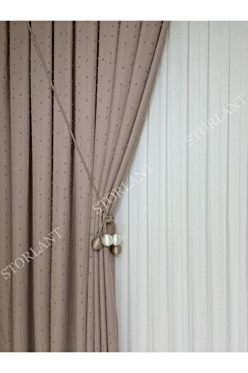 Storlant Puffy Dotline Mink Patterned Linen Background Curtain L Product Frequently Pleated L Accessory Gifted L Single Wing