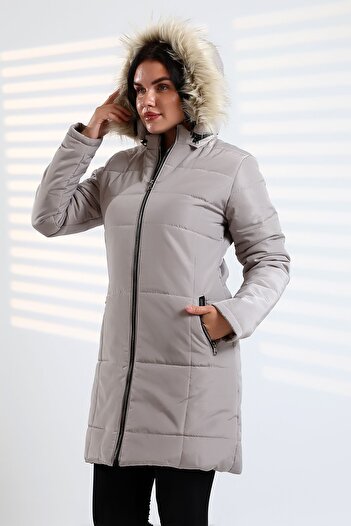 Talsmoda Tals Fashion Women's Cream Color Water and Drip Proof Washable Furted Quilted Coat