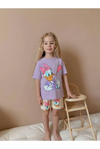 YİGİT BUTİK Girl's Short Sleeve Patterned Shorts Suit